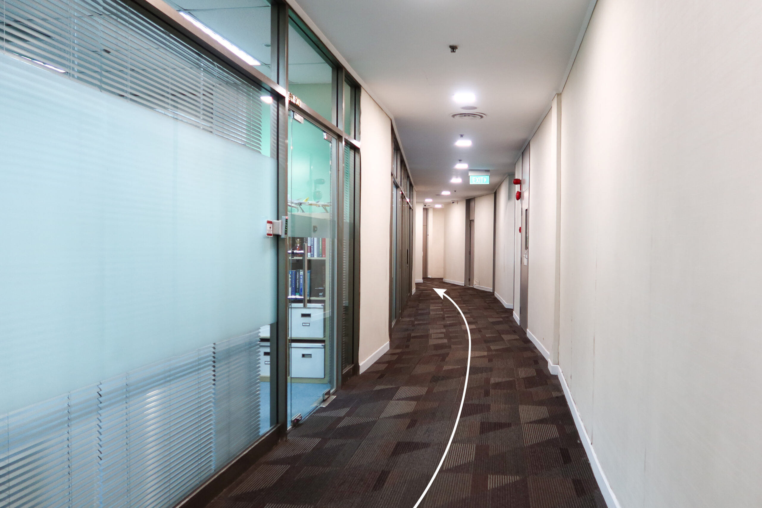 Walk down the hall and make a left turn at the end.